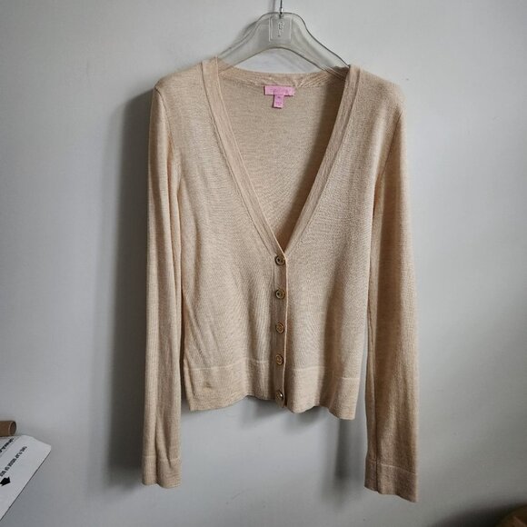 LILLY PULITZER | Wool Melody sweater Cardigan beige gold sz M - Picture 2 of 6